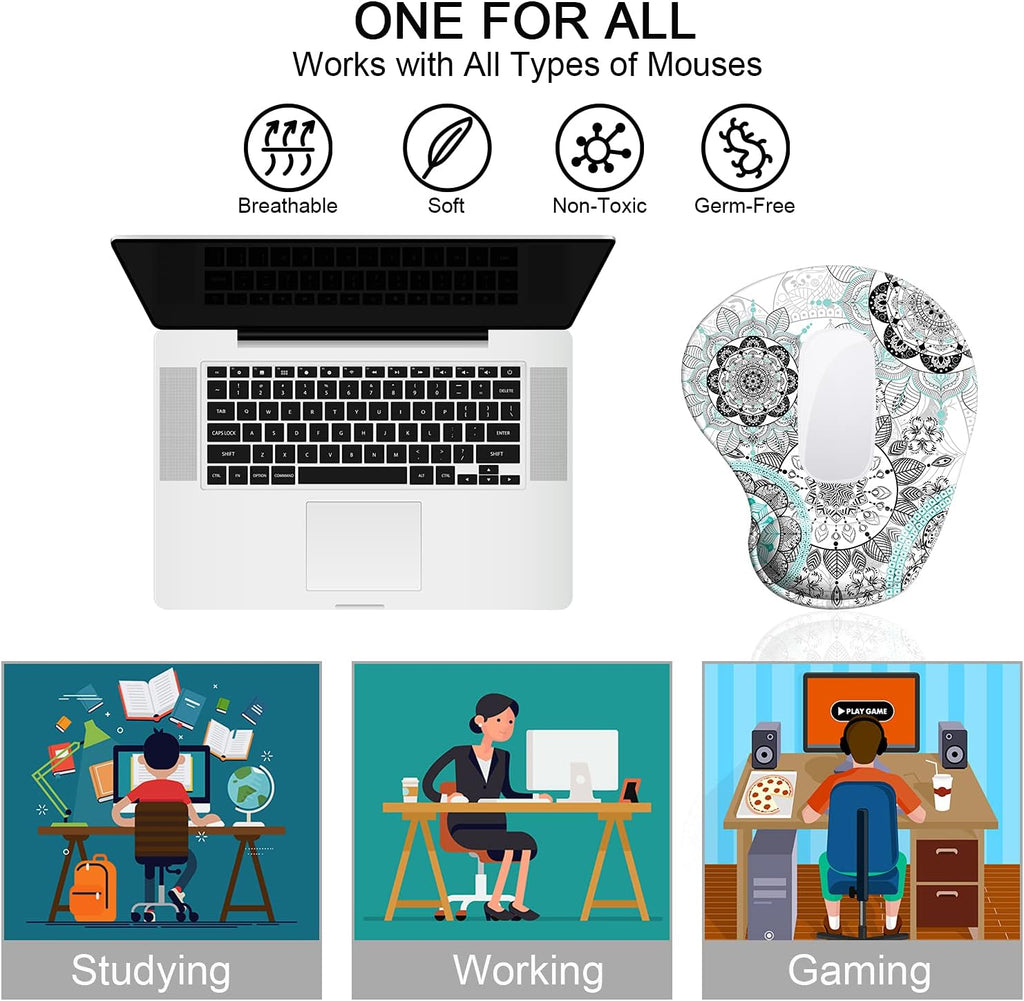 Ergonomic Mouse Pad with Gel Wrist Rest Support, Cute Mouse Pads with Non-Slip Rubber Base Wrist Rest Pad for Home, Office & Travel Easy Typing & Pain Relief, Mandala Flowers