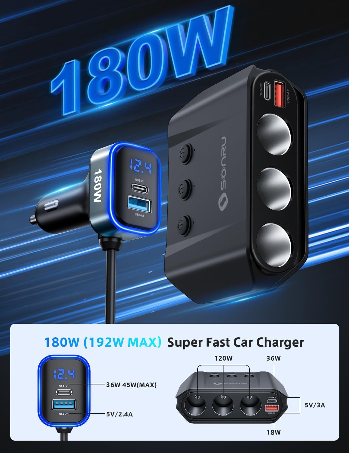 7 in 1 Cigarette Lighter Splitter,  180W (Max 192W) 3-Socket Car Cigarette Lighter Adapter with Dual PD 36W/QC3.0 Fast Charging (3.7FT Cable) 12V/24V Independent Switches & LED Voltage Display