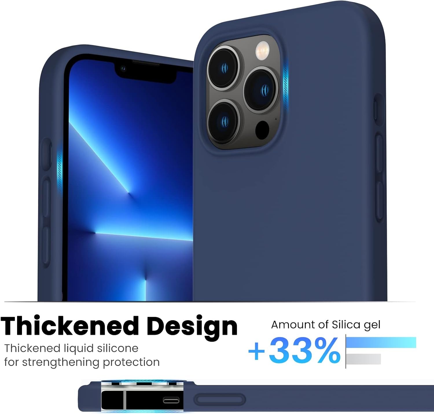 Shockproof Liquid Silicone Designed for Iphone 13 Pro Case Gel Rubber Comprehensive Protection Anti-Shock Cover Case Drop Protection 6.1Inch-Navy Blue