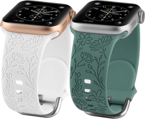 2 Pack Flower Engraved Sport Strap Compatible with Apple Watch Bands 38Mm 40Mm 41Mm, Women Floral Laser Soft Silicone Wristband Replacement Iwatch Series 10 9 8 7 6 5 4 3 2 1 SE