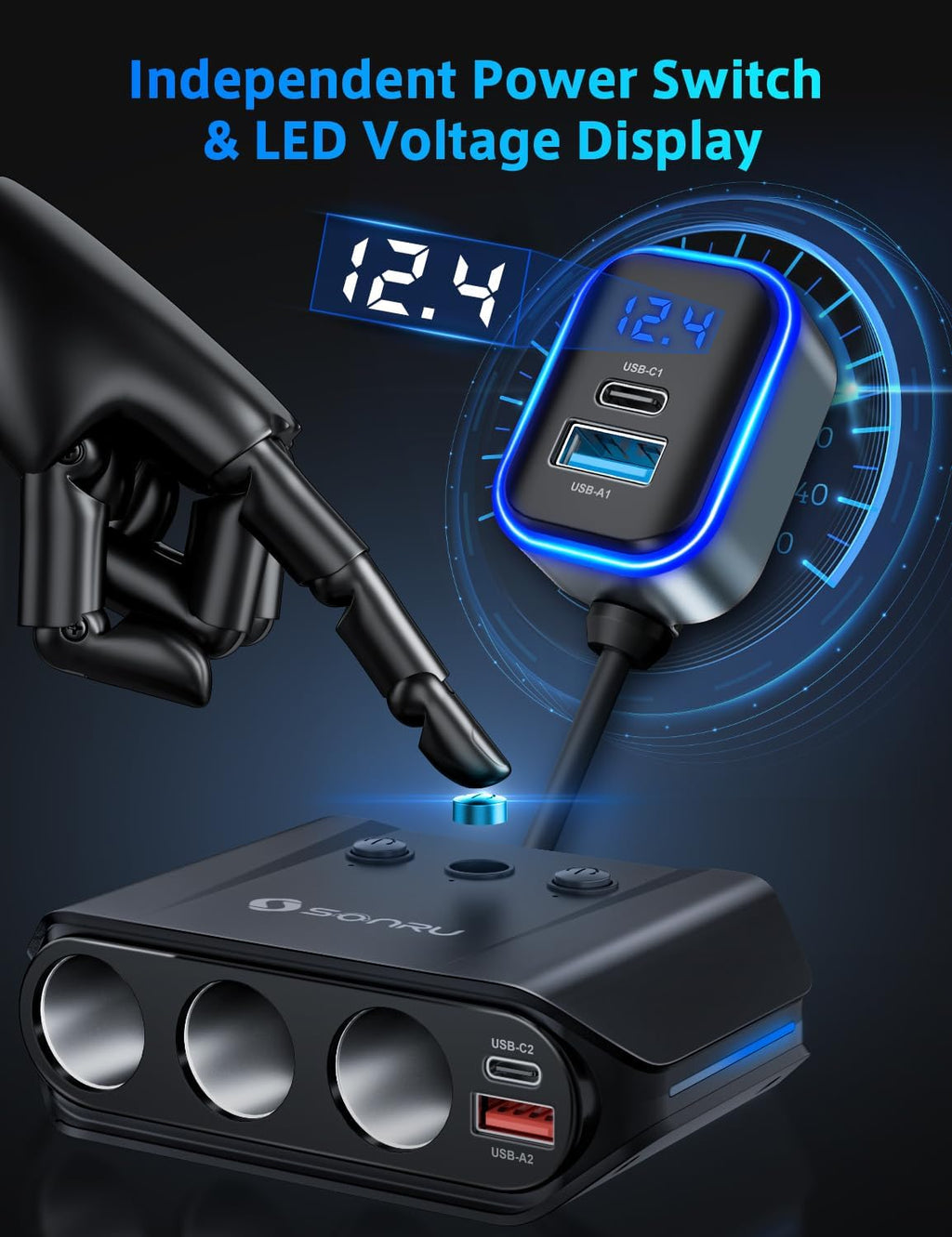 7 in 1 Cigarette Lighter Splitter,  180W (Max 192W) 3-Socket Car Cigarette Lighter Adapter with Dual PD 36W/QC3.0 Fast Charging (3.7FT Cable) 12V/24V Independent Switches & LED Voltage Display