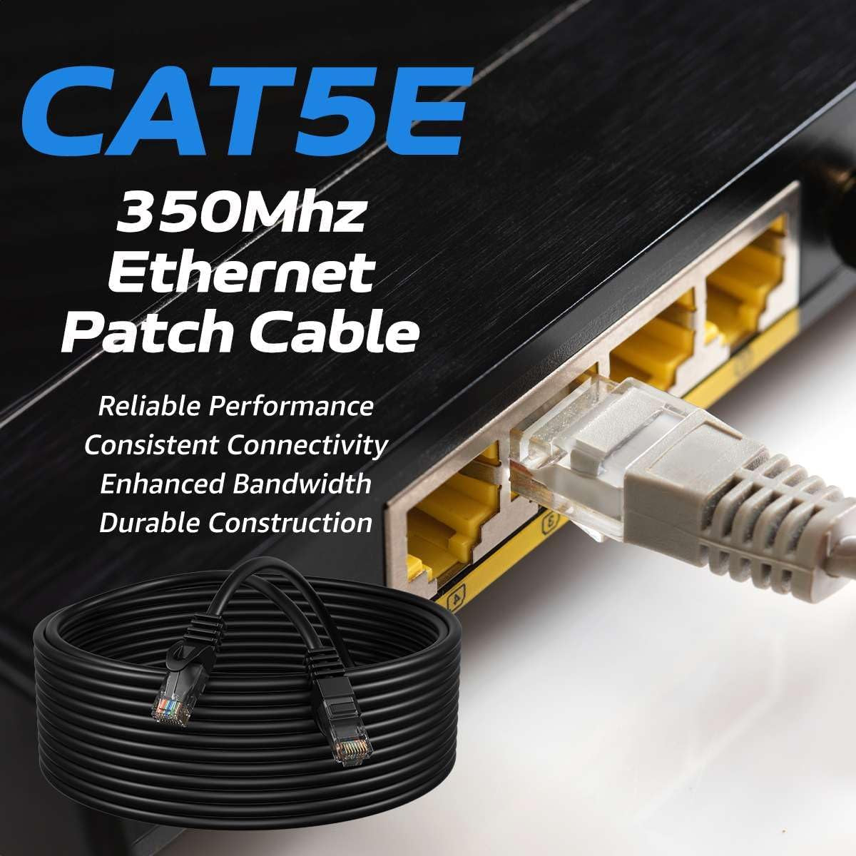 Cat5E 75FT Network Ethernet Patch Cable, 350Mhz Internet Wire, Backwards Compatible with Cat5, for PC, Modem, Router, Consoles for Home and Office, Black