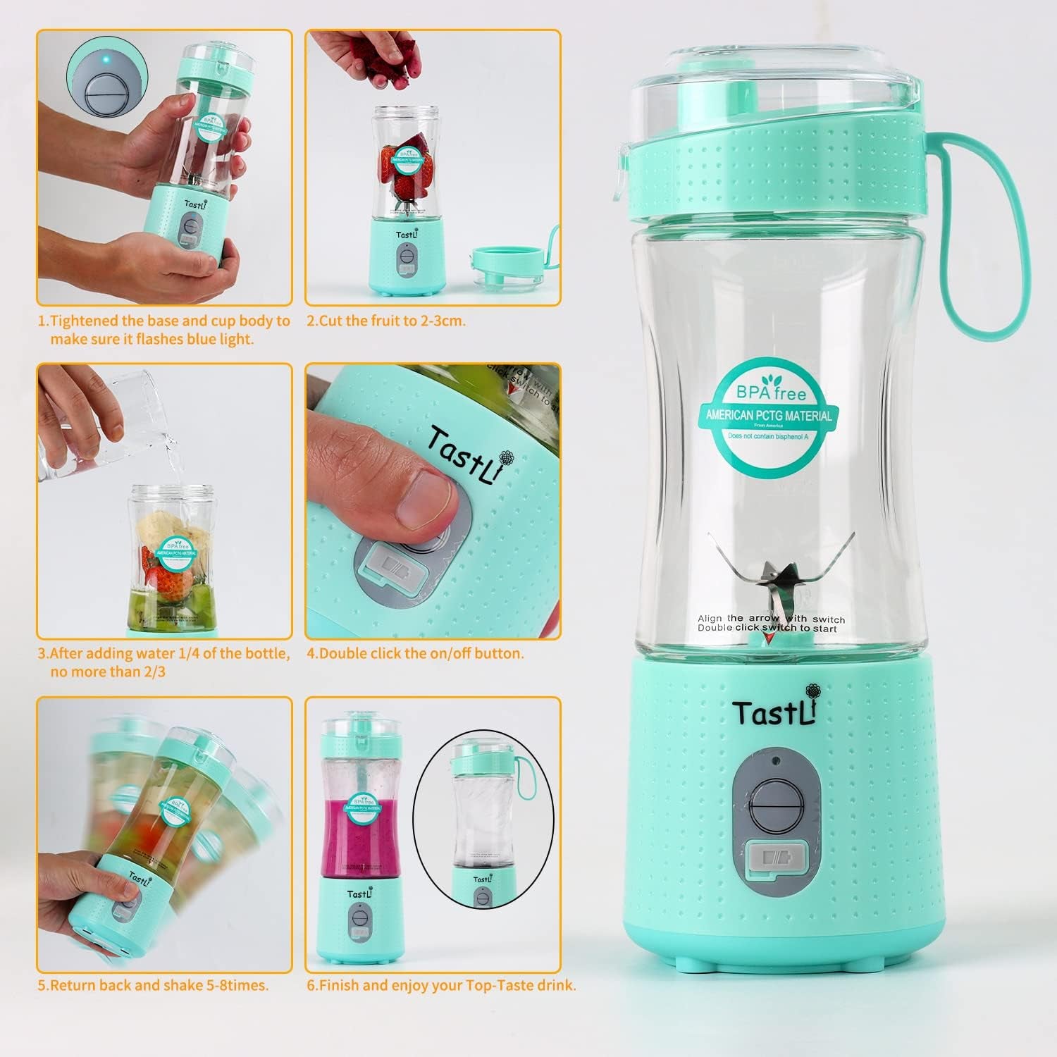 Portable Blender, Personal Mini Blender for Smoothies, Juice and Shakes, USB Rechargeable, Cordless (Sky Blue)