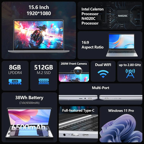 2026 Latest Laptop, 8GB RAM 512GB SSD Laptop, 15.6 Inch 2K FHD Display,Celeron N4020C Processor, Thin & Portable Laptop,Dual Wifi, USB 3.0*2, BT,200W Front Webcam,Full-Featured Type-C,6500Mah Battery
