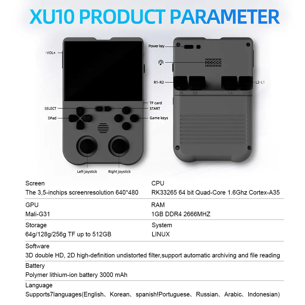 AMPOWN XU10 3.5 Inch Handheld Game Console for Summer, Retro 64G High-End Gaming Console, Dual Card Slot Support TF Card Expansion to 512GB, Support C2C Charger Protection White-64G