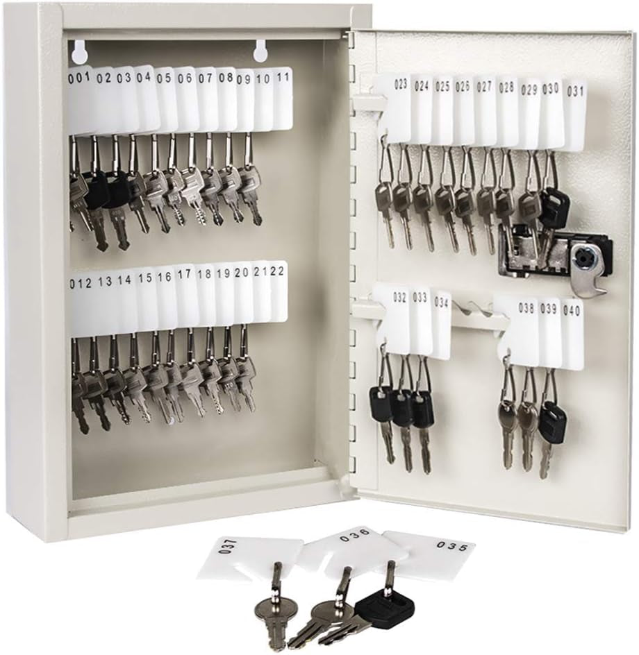 Key Storage Lock Box with Code, Locking Key Cabinet, 40 Key Holder Wall Mount with Combination Lock, Hooks & Tags Labels for Home, Office, Business, 2.5" D X 8.1" W X 12.1" H, White