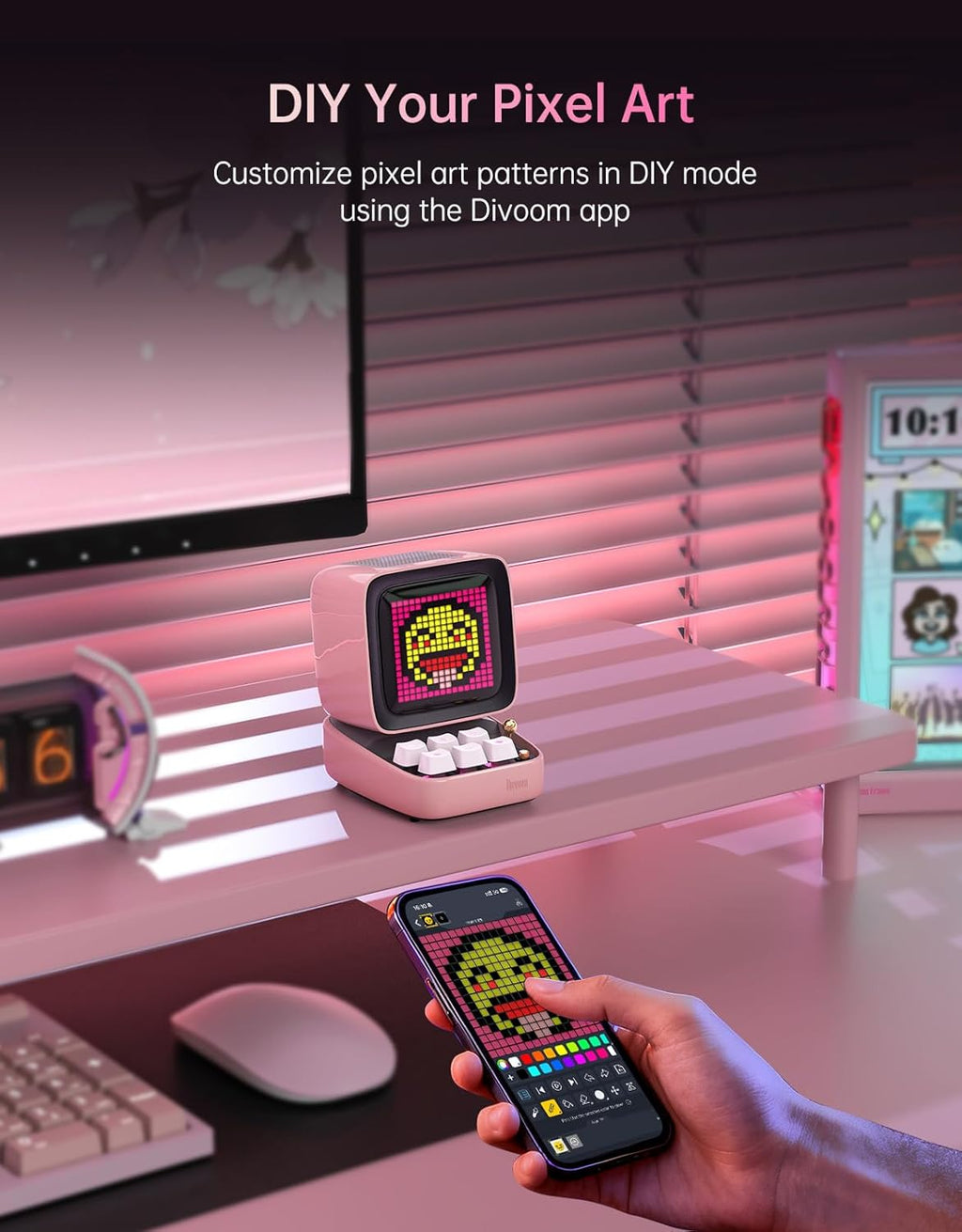 Ditoo Retro Pixel Art Game Bluetooth Speaker with 16X16 LED App Controlled Front Screen (Pink)