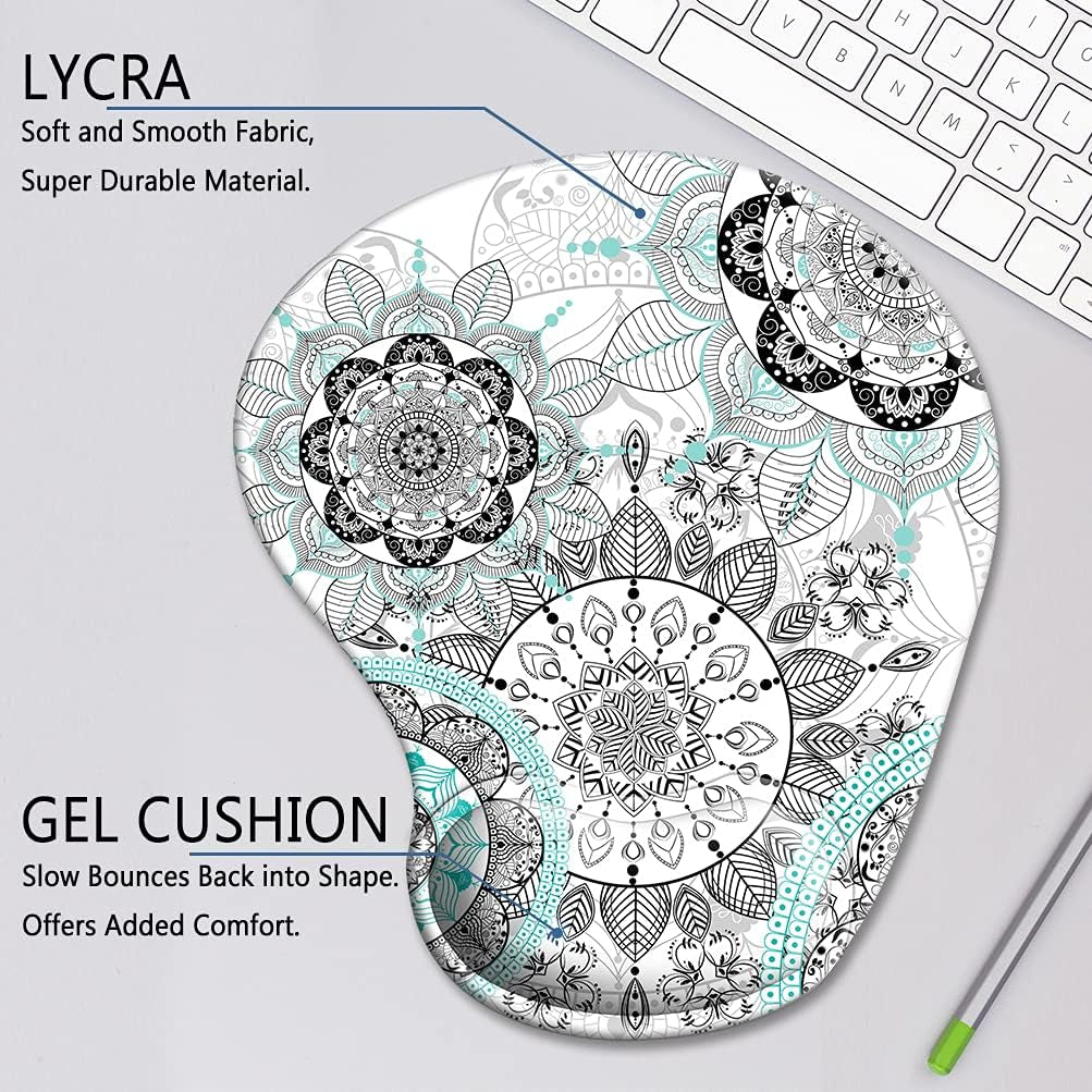 Ergonomic Mouse Pad with Gel Wrist Rest Support, Cute Mouse Pads with Non-Slip Rubber Base Wrist Rest Pad for Home, Office & Travel Easy Typing & Pain Relief, Mandala Flowers