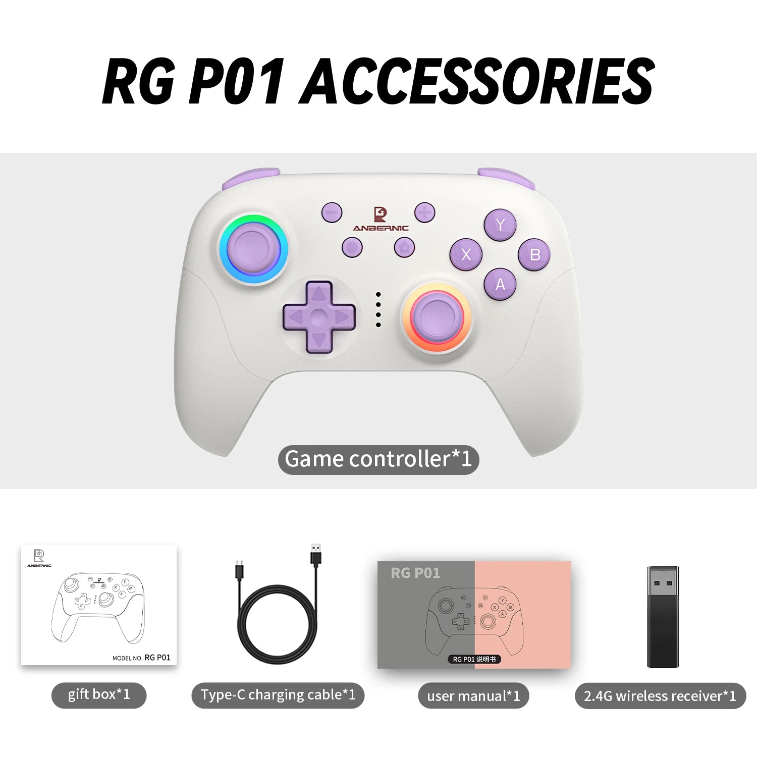 ANBERNIC RG P01 Retro Games Controller Wired/Wireless Bluetooth RGB  Effect Joystick XBOX Gamepad for PC Android IOS Steam