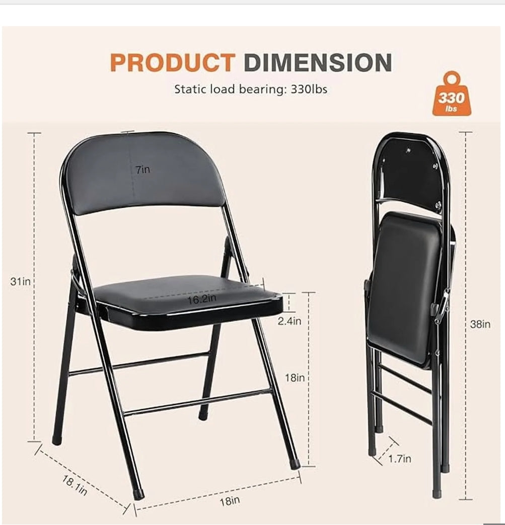 Folding Chairs Padded 4 Pack - Metal Indoor Outdoor Portable Foldable Chair for Party, Kitchen，Black