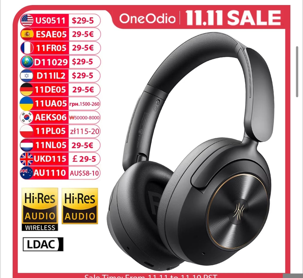A6 ANC Wireless Bluetooth 6.0 Headphones -48Db Hybrid Active Noise Cancelling over Ear Headset with Mic Hi-Res LDAC APP
